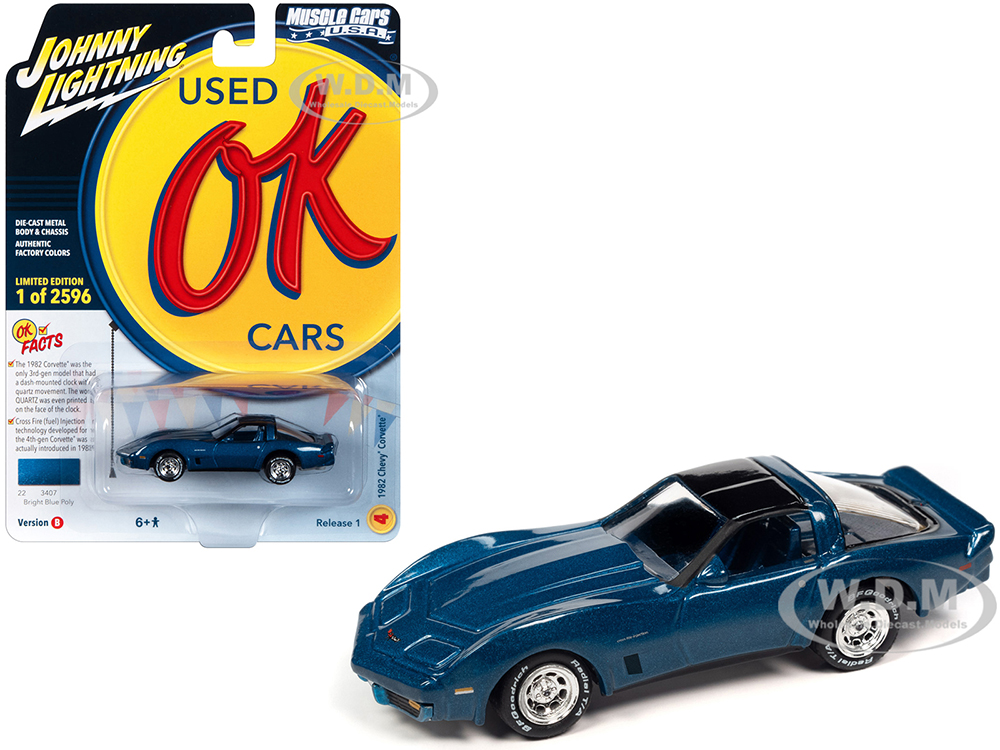 1982 Chevrolet Corvette Bright Blue Metallic with Black Top and Blue Interior Limited Edition to 2596 pieces Worldwide OK Used Cars 2023 Series 1/64 Diecast Model Car by Johnny Lightning