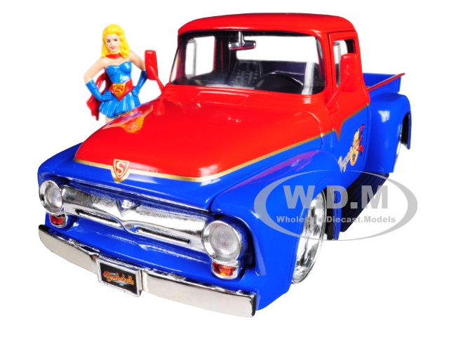 1956 Ford F-100 Pickup Truck Red And Blue With Supergirl Diecast Figure "dc Comics Bombshells" Series 1/24 Diecast Model Car By Jada