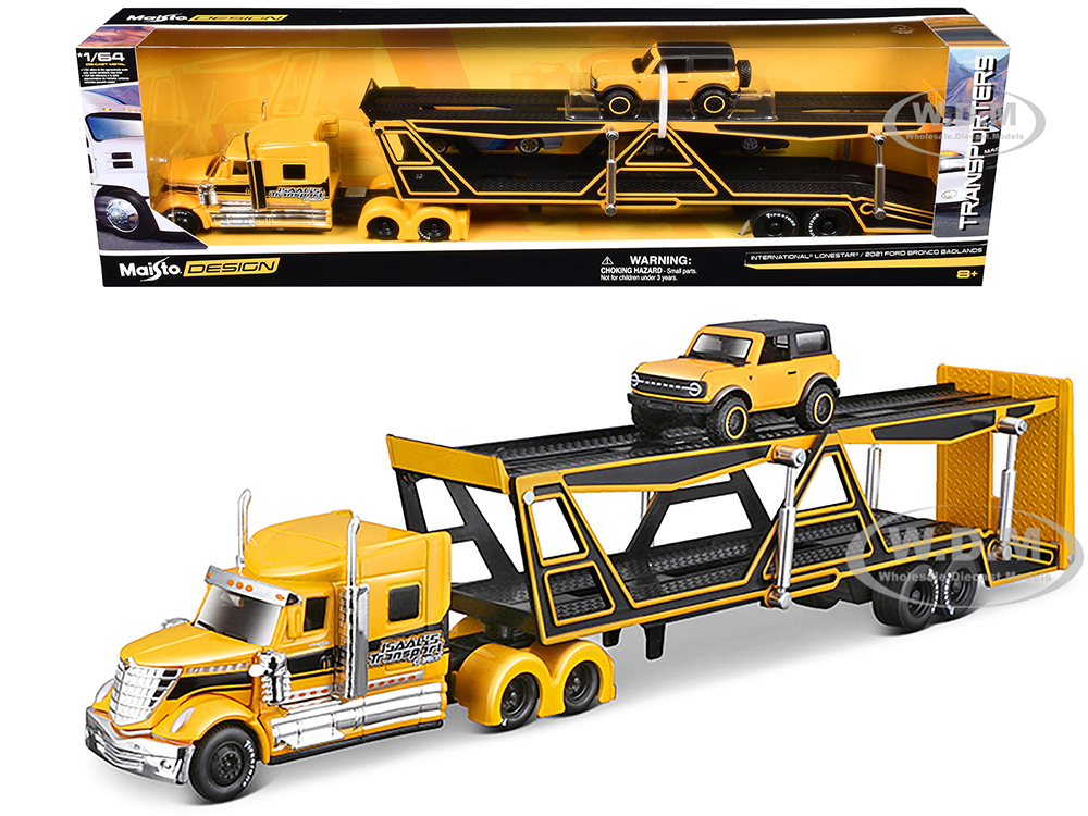 International Lonestar Open Car Hauler Yellow with Black Stripes and 2021 Ford Bronco Badlands Yellow with Black Top Transporters Series 1/64 Diecast Models by Maisto