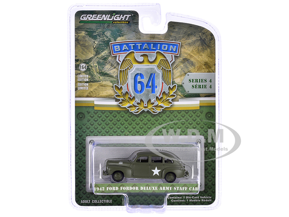 1942 Ford Fordor Deluxe Army Staff Car Matt Olive Green Battalion 64 Series 4 1/64 Diecast Model Car by Greenlight