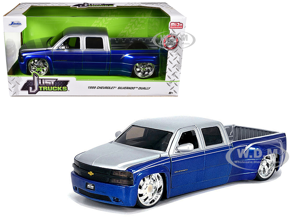 1999 Chevrolet Silverado Dually Pickup Truck Blue Metallic and Silver with Custom KMC Wheels Just Trucks Series 1/24 Diecast Model Car by Jada