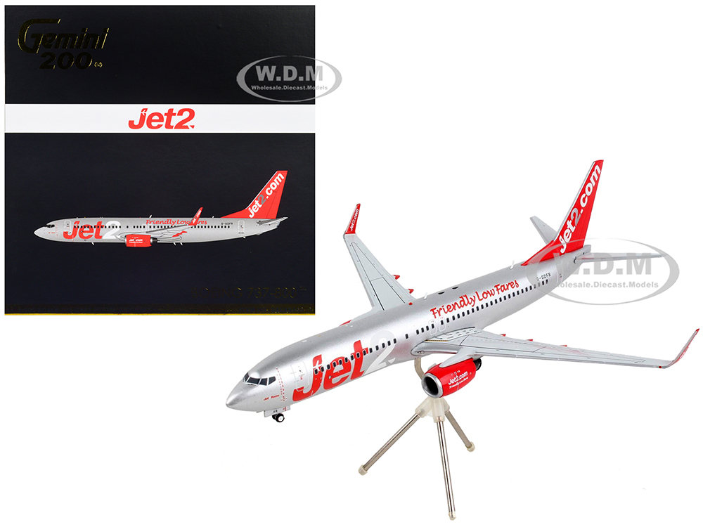 Boeing 737-800 Commercial Aircraft Jet2.Com Silver with Red Tail Gemini 200 Series 1/200 Diecast Model Airplane by GeminiJets