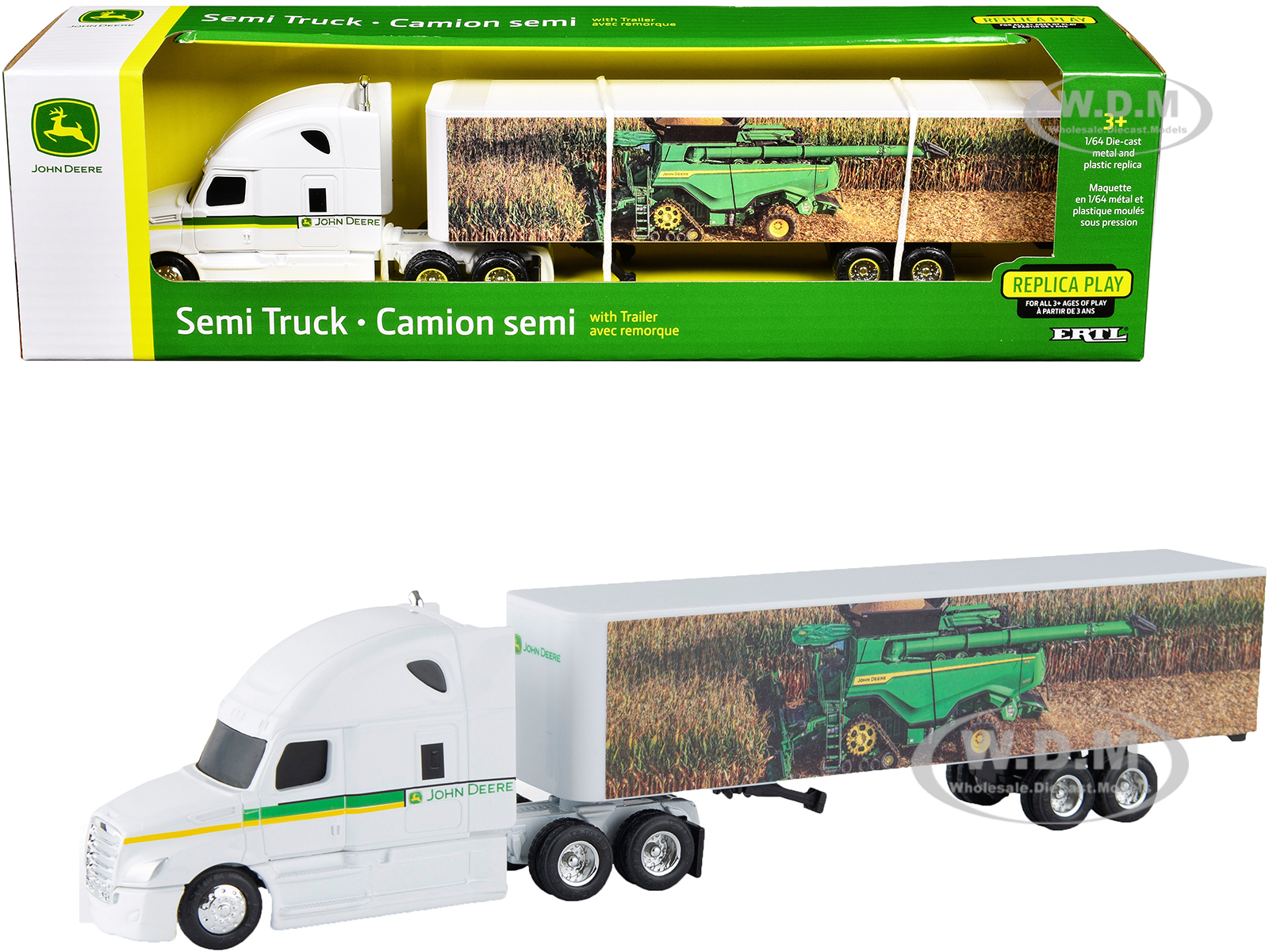 Semi Truck with Trailer John Deere White with Green Stripes Replica Play 1/64 Diecast Model by ERTL TOMY