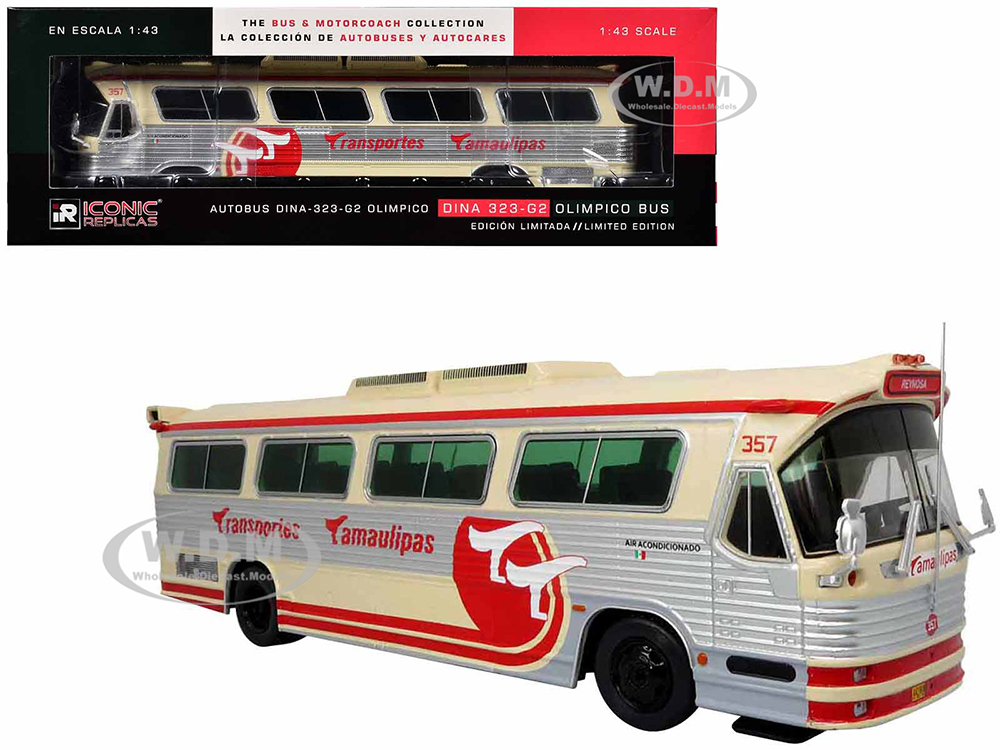 Dina 323 G2 Olimpico Coach Bus Transportes Tamaulipas: Reynosa Cream and Silver with Red Stripes The Bus &amp; Motorcoach Collection 1/43 Diecast Model by Iconic Replicas