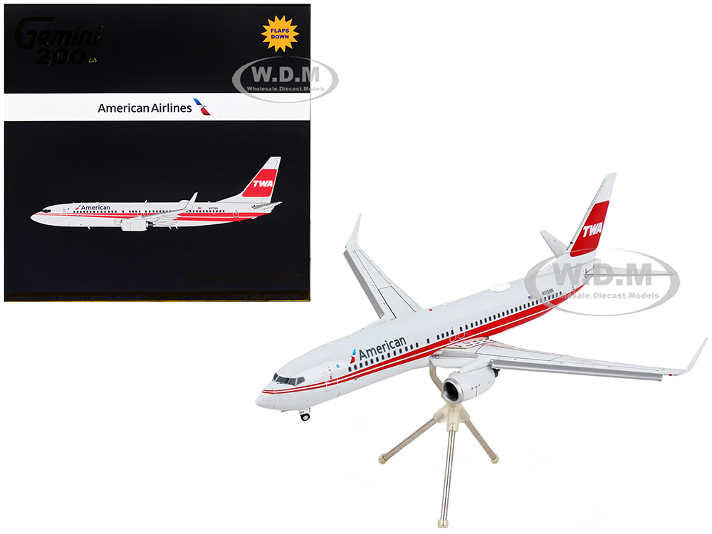 Boeing 737-800 Commercial Aircraft with Flaps Down "American Airlines - Trans World Airlines" Gray with Red Stripes "Gemini 200" Series 1/200 Diecast
