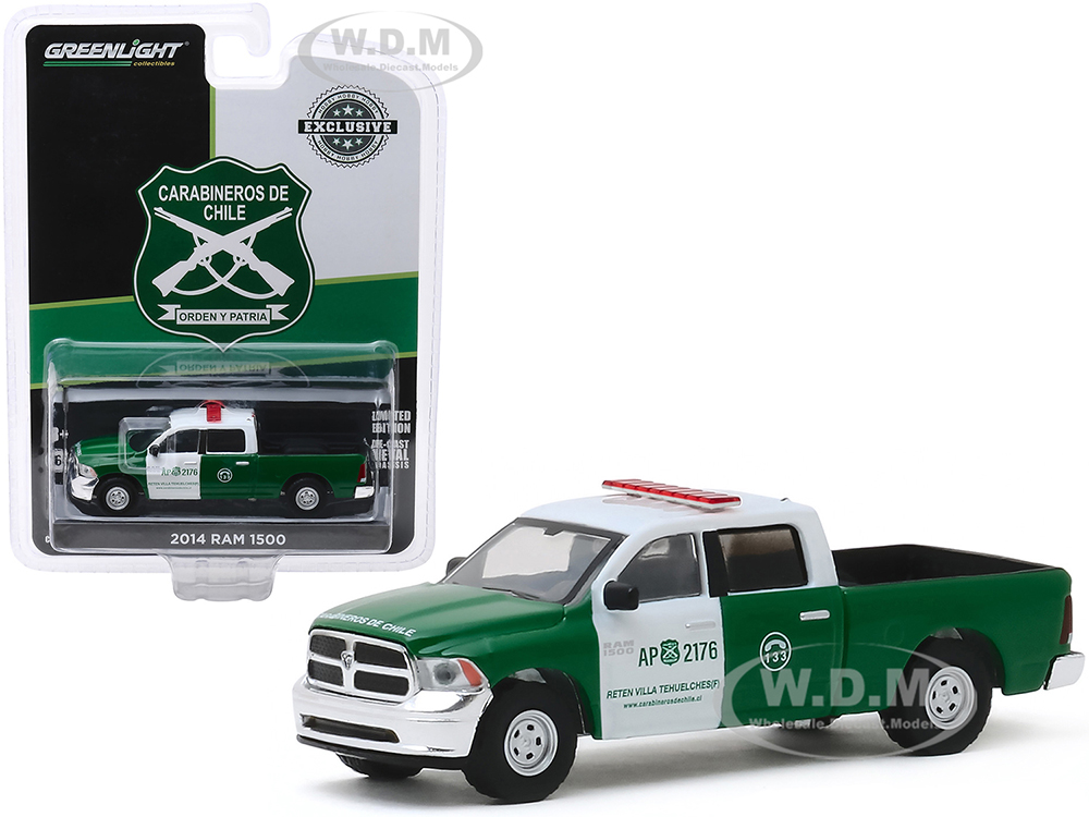 2014 Dodge Ram 1500 Pickup Truck Police "carabineros De Chile" Green And White "hobby Exclusive" 1/64 Diecast Model Car By Greenlight