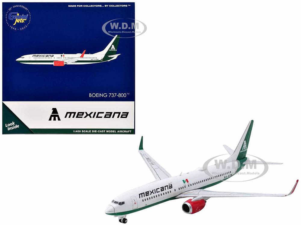 Boeing 737-800 Commercial Aircraft Mexicana Airlines (XA-ASM) White with Green Tail 1/400 Diecast Model Airplane by GeminiJets