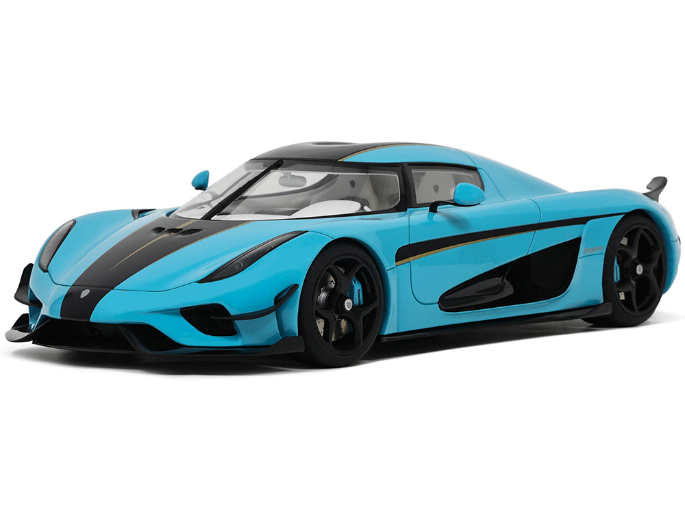 2018 Koenigsegg Regera Baby Blue with Black Stripes and White Interior 1/18 Model Car by GT Spirit