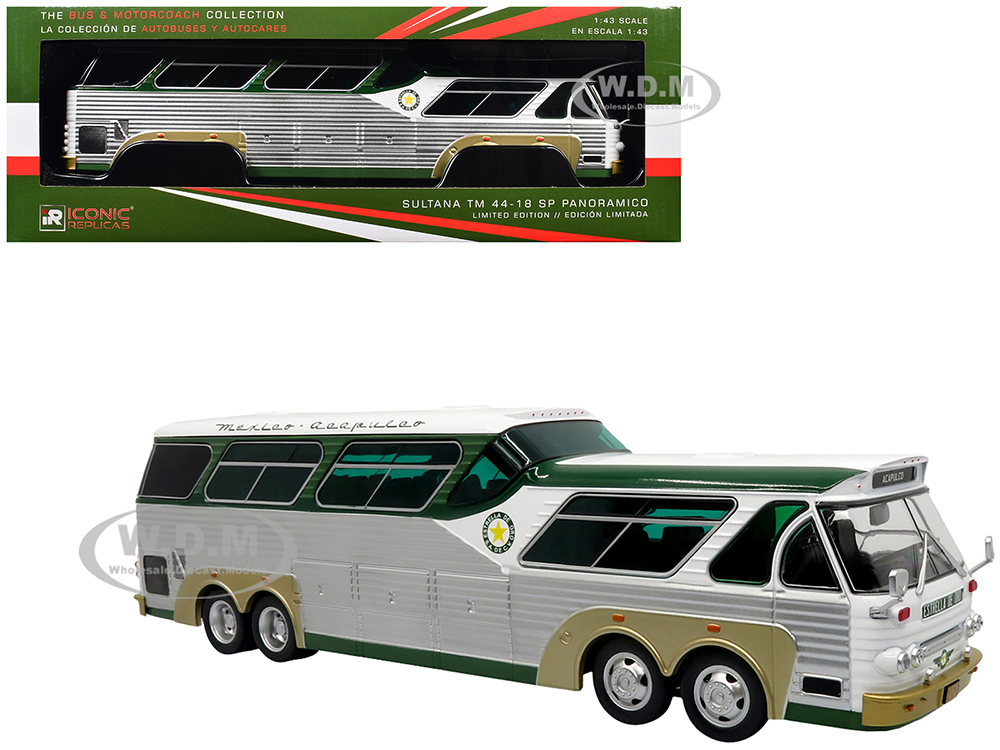 Sultana TM 44-18 SP Panoramico Coach Bus Estrella de Oro - Acapulco White and Green with Silver Sides The Bus & Motorcoach Collection 1/43 Diecast Model by Iconic Replicas