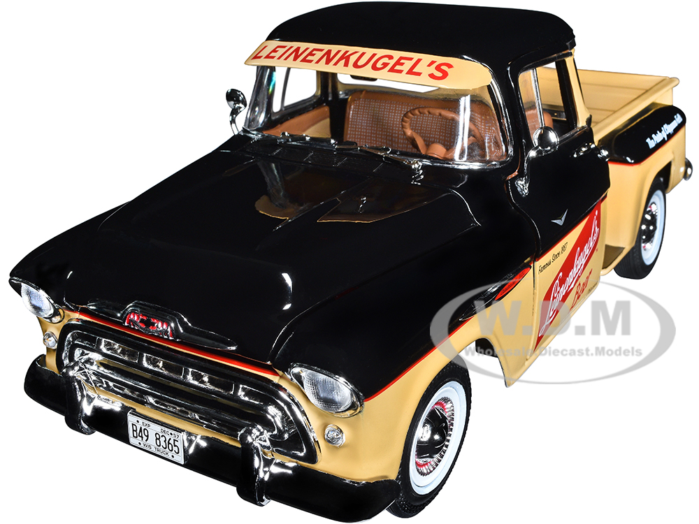 1957 Chevrolet 3100 Stepside Pickup Truck Black and Tan with Graphics Leinenkugles Beer The Pride of Chippewa Falls 1/18 Diecast Model by Auto World