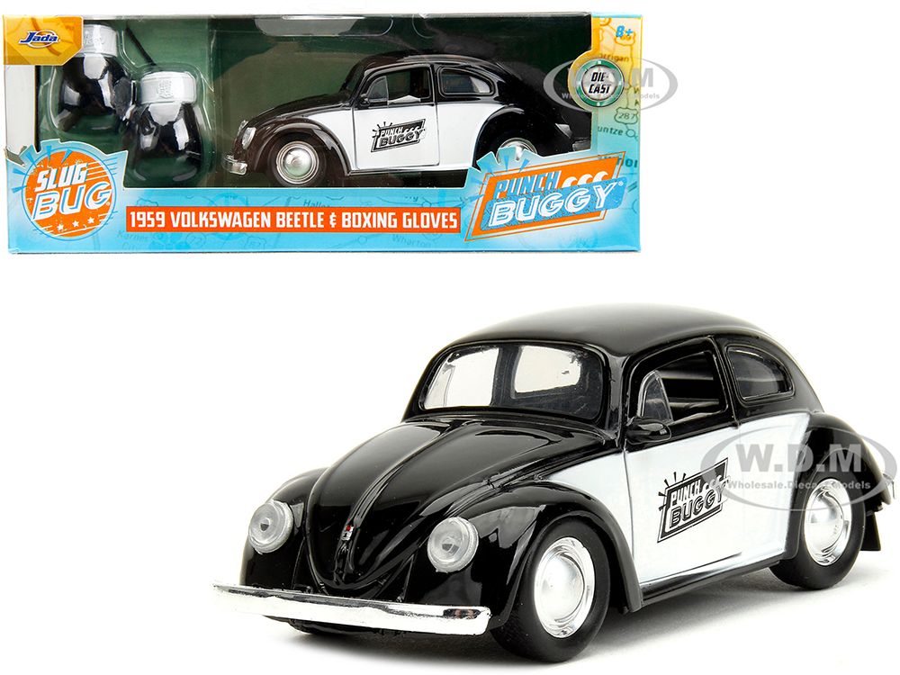 1959 Volkswagen Beetle Punch Buggy Black and White and Boxing Gloves Accessory Punch Buggy Series 1/32 Diecast Model Car by Jada