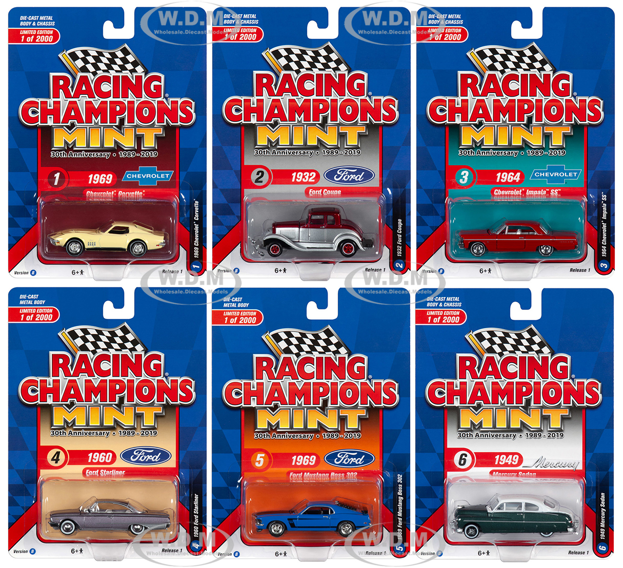 2019 Mint Release 1 Set B of 6 Cars 30th Anniversary (1989-2019) Limited Edition to 2000 pieces Worldwide 1/64 Diecast Models by Racing Champions