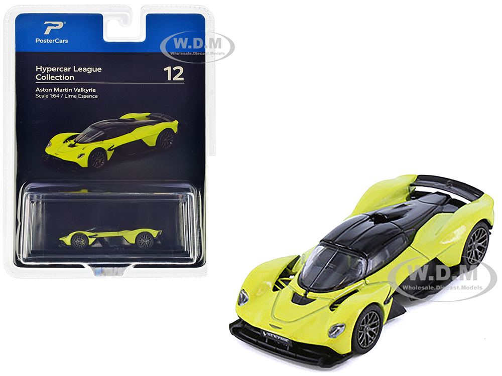 Aston Martin Valkyrie Lime Essence Yellow Metallic with Black Top Hypercar League Collection 1/64 Diecast Model Car by PosterCars