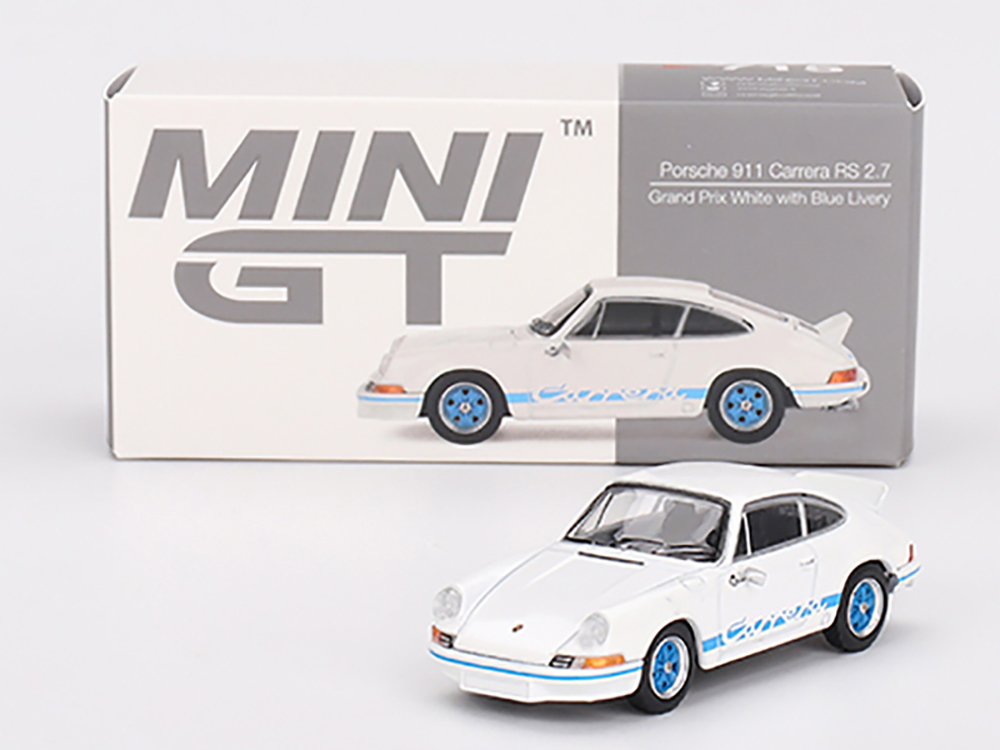 Porsche 911 Carrera RS 2.7 Grand Prix White with Blue Stripes and Wheels Limited Edition to 4800 pieces Worldwide 1/64 Diecast Model Car by Mini GT