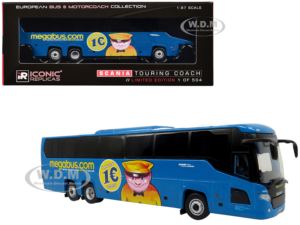 Scania Touring Coach Bus Megabus France Blue with Graphics European Bus &amp; Motorcoach Collection Limited Edition to 504 pieces Worldwide 1/87 (HO) Diecast Model by Iconic Replicas