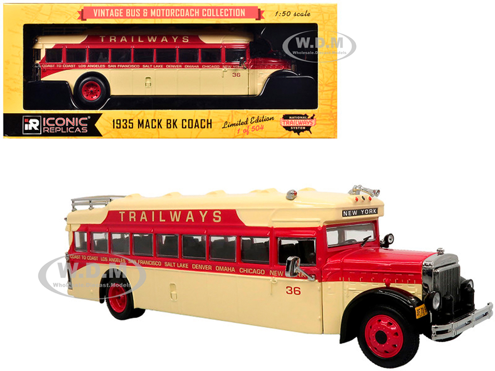 1935 Mack BK Coach Bus Trailways Beige and Red Vintage Bus &amp; Motorcoach Collection Limited Edition to 504 pieces Worldwide 1/50 Diecast Model by Iconic Replicas