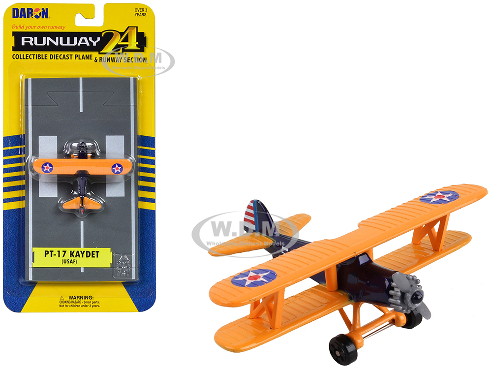 Boeing-Stearman Model 75 PT-17 Kaydet Aircraft Blue and Orange High Flyer-United States Air Force with Runway Section Diecast Model Airplane by Runway24