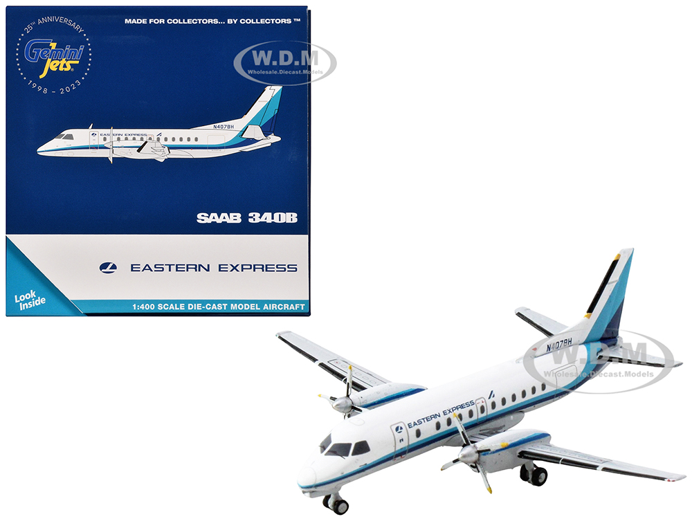 Saab 340B Commercial Aircraft Eastern Express (N407BH) White with Blue Stripes 1/400 Diecast Model Airplane by GeminiJets