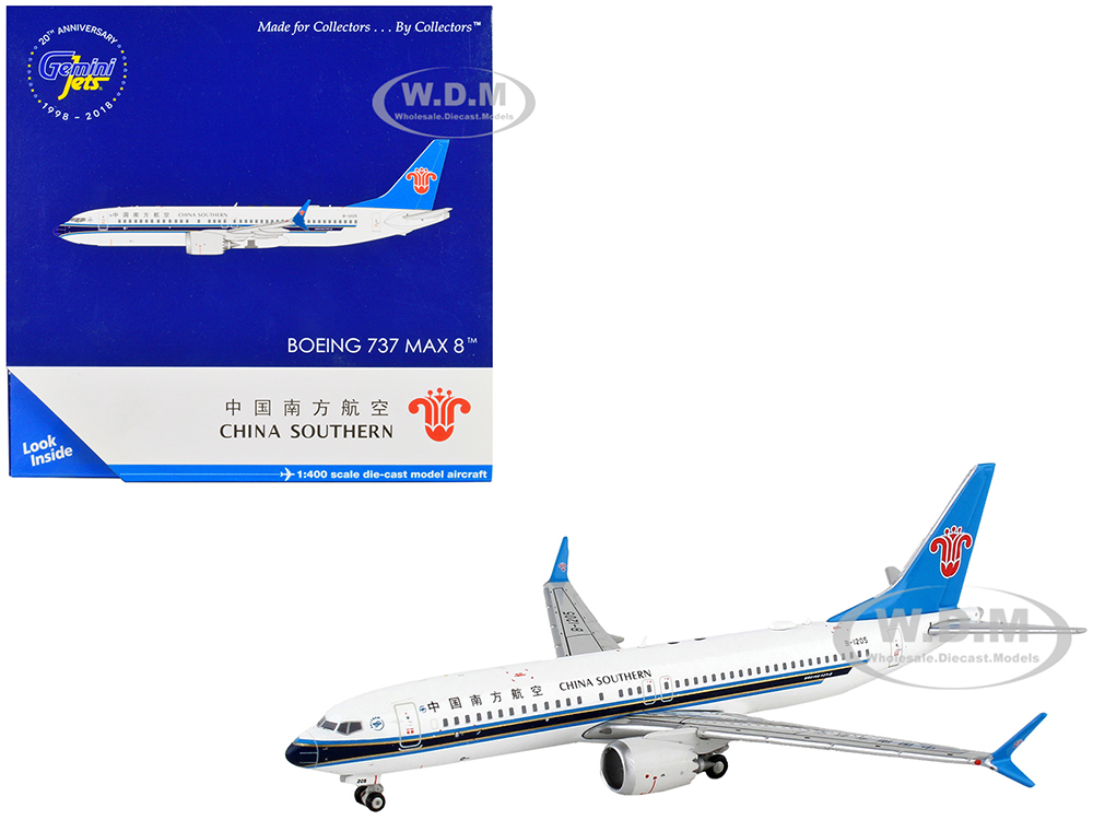 Boeing 737 MAX 8 Commercial Aircraft "China Southern Airlines" White with Black Stripes and Blue Tail 1/400 Diecast Model Airplane by GeminiJets