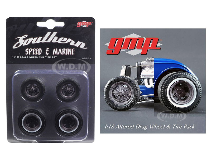 Wheels and Tires Set of 4 Drag Magnesium Finish from 1934 Altered Drag Coupe 1/18 by GMP