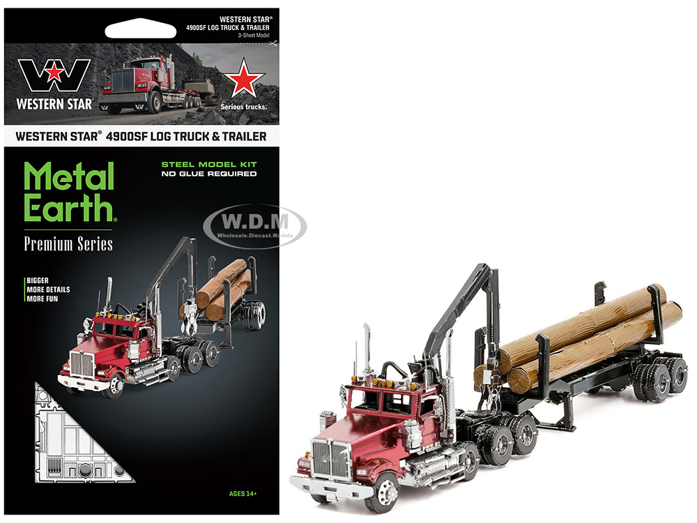 Model Kit Western Star 4900 Log Truck and Trailer Red Metallic (Challenging Difficulty) Steel Model by Metal Earth