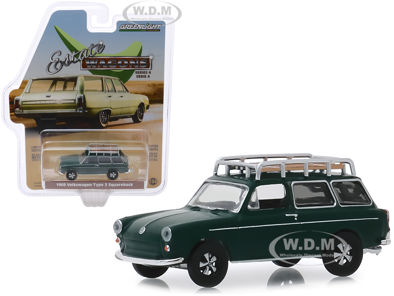 1969 Volkswagen Type 3 Squareback With Roof Rack Dark Green "estate Wagons" Series 4 1/64 Diecast Model Car By Greenlight