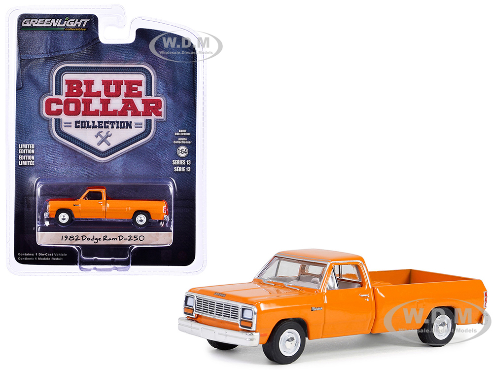 1982 Dodge Ram D-250 Pickup Truck DOT Orange Blue Collar Collection Series 13 1/64 Diecast Model Car by Greenlight