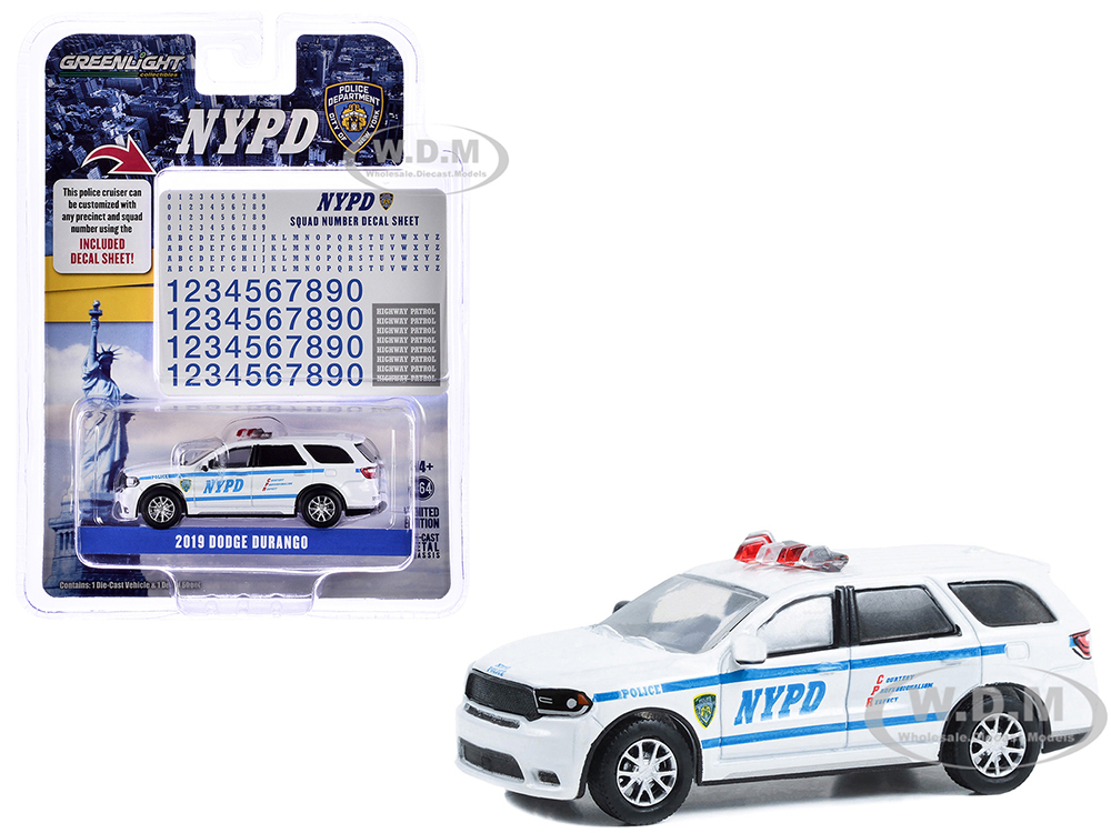 2019 Dodge Durango New York Police Department (NYPD) White with Blue Stripes with NYPD Squad Number Decal Sheet Hobby Exclusive Series 1/64 Diecast Model Car by Greenlight