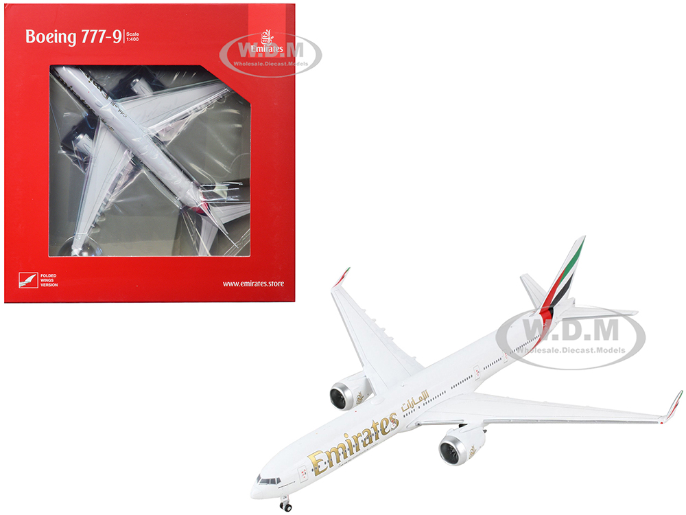 Boeing 777-9 Commercial Aircraft with Folded Wingtips "Emirates Airlines" White with Gold Lettering 1/400 Diecast Model Airplane by GeminiJets
