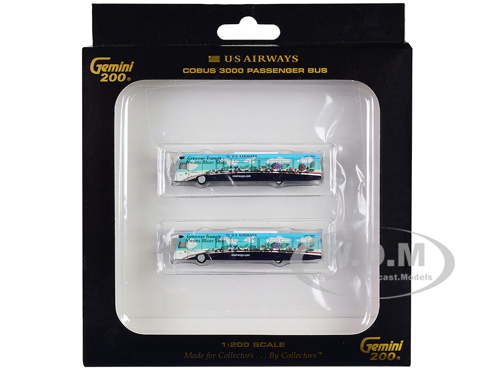 Cobus 3000 Passenger Bus White and Blue with Graphics US Airways Shuttle Bus - Greener Transit 2 Piece Set Gemini 200 Series Diecast Models by GeminiJets