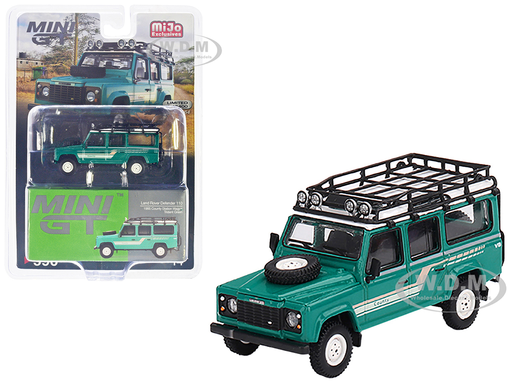 1985 Land Rover Defender 110 County Station Wagon Trident Green with Roof Rack Limited Edition to 2400 pieces Worldwide 1/64 Diecast Model Car by Mini GT