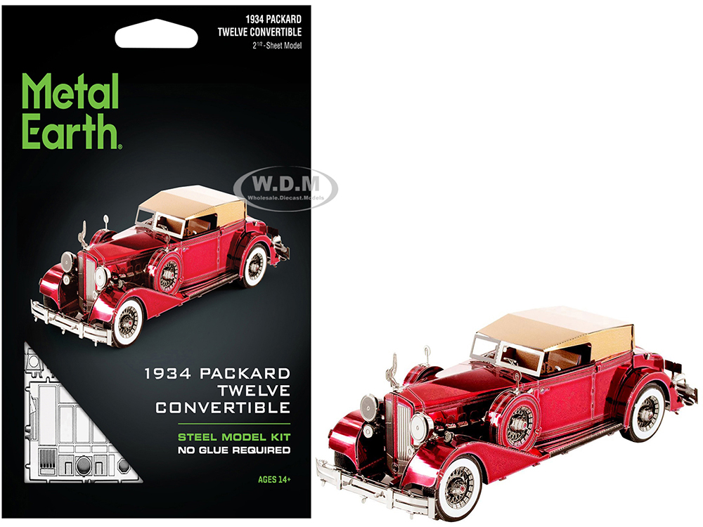 Model Kit 1934 Packard Twelve Convertible Red with Tan Soft Top (Moderate Difficulty) Steel Model by Metal Earth