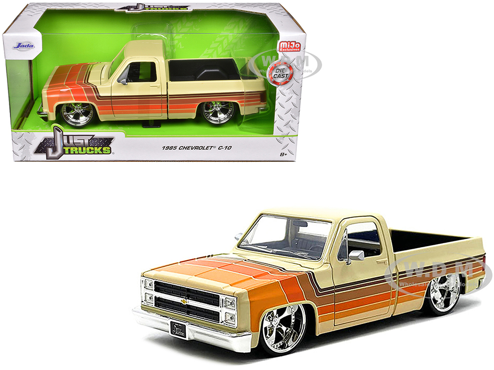 1985 Chevrolet C-10 Pickup Truck Beige with Stripes and Cartelli Wheels Just Trucks Series 1/24 Diecast Model Car by Jada