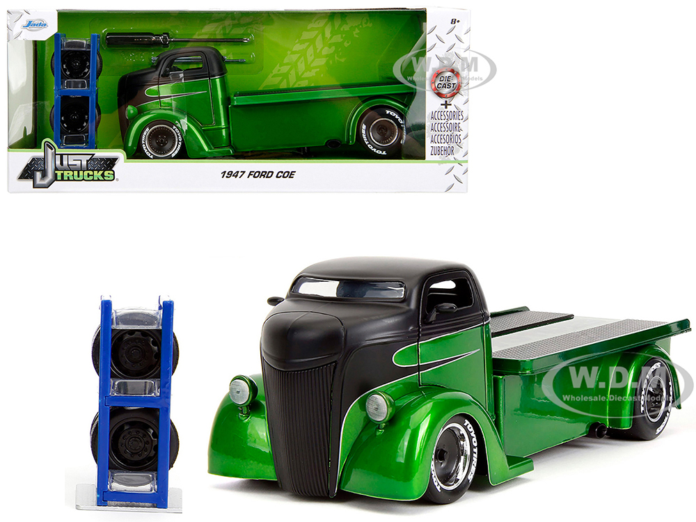 1947 Ford COE Flatbed Truck Green Metallic and Matt Black Toyo Tires with Extra Wheels Just Trucks Series 1/24 Diecast Model Car by Jada