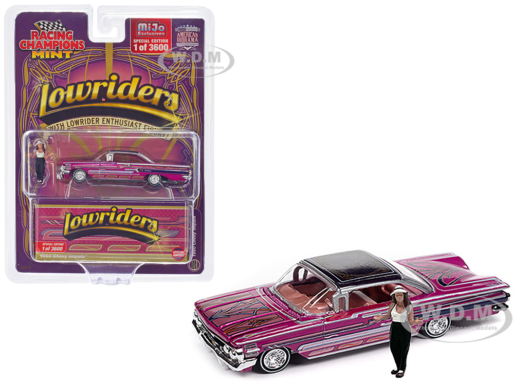 1960 Chevrolet Impala Lowrider Hot Pink Metallic with Black Top and Graphics and Diecast Figure Limited Edition to 3600 pieces Worldwide 1/64 Diecast Model Car by Racing Champions