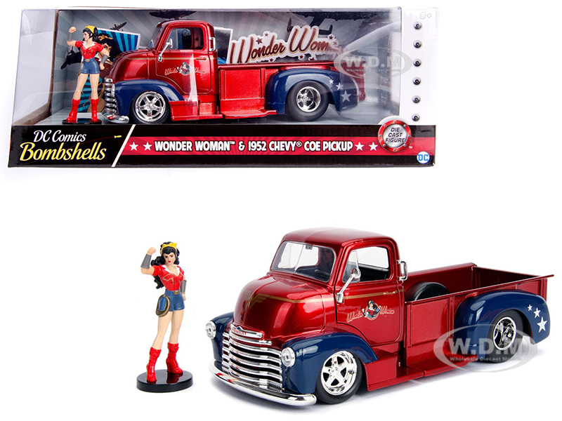 1952 Chevrolet Coe Pickup Truck Red And Blue With Wonder Woman Diecast Figure "dc Comics Bombshells" Series 1/24 Diecast Model Car By Jada
