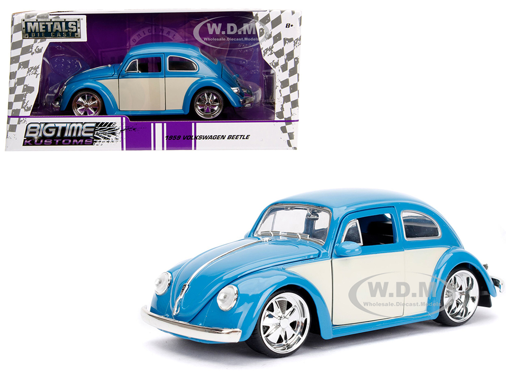 1959 Volkswagen Beetle Light Blue And Cream "bigtime Kustoms" 1/24 Diecast Model Car By Jada