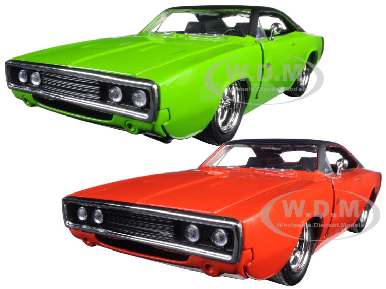 1970 Dodge Charger R/t Orange & Green Set Of 2 Cars 1/24 Diecast Model Cars By Jada