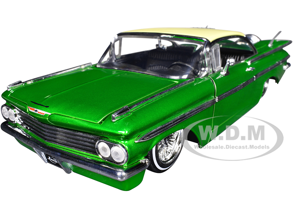 1959 Chevrolet Impala Lowrider Green Metallic with Cream Top and Wire Wheels Street Low Series 1/24 Diecast Model Car by Jada