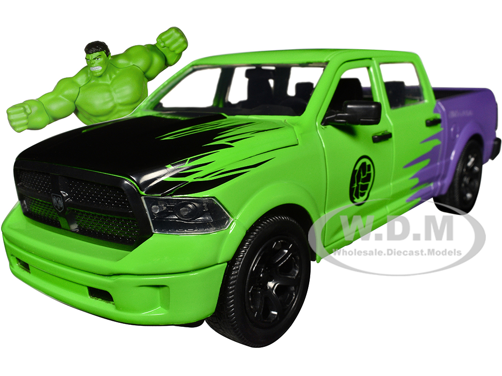 2014 RAM 1500 Pickup Truck Green and Purple and Hulk Diecast Figure Marvel Avengers Hollywood Rides Series 1/24 Diecast Model Car by Jada