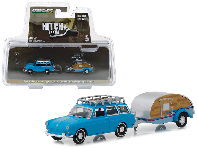 1961 Volkswagen Type 3 Squareback Blue With Tear Drop Trailer Hitch & Tow Series 14 1/64 Diecast Models By Greenlight