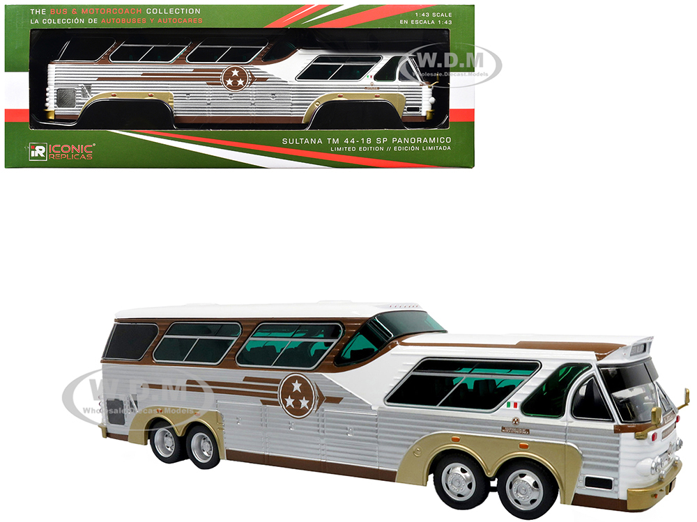 Sultana TM 44-18 SP Panoramico Coach Bus Tres Estrellas de Oro White and Brown with Silver Sides The Bus &amp; Motorcoach Collection 1/43 Diecast Model by Iconic Replicas