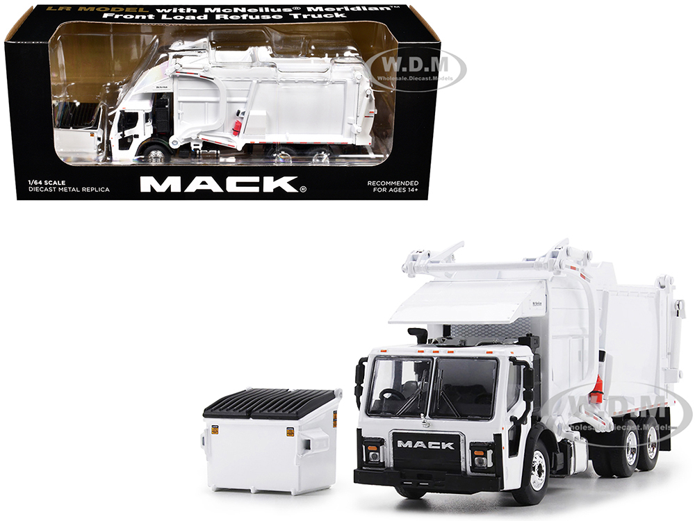 Mack LR Refuse Garbage Truck with McNeilus Meridian Front Loader White with Trash Bin 1/64 Diecast Model by DCP/First Gear