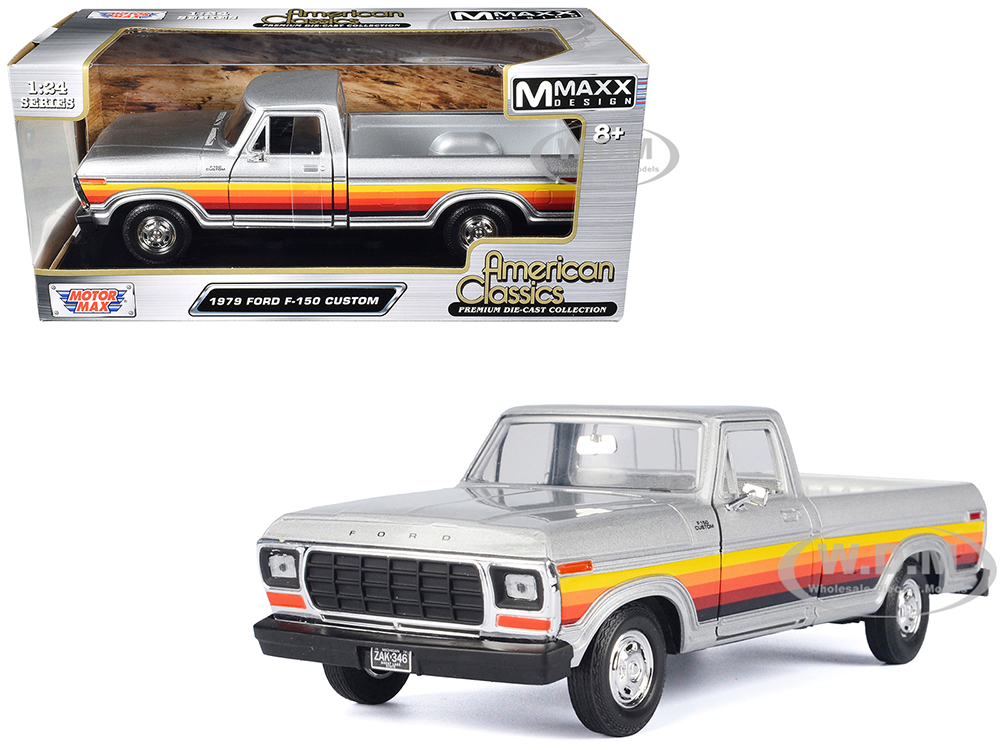 1979 Ford F-150 Custom Pickup Truck Silver Metallic with Side Stripes American Classics Series 1/24 Diecast Model Car by Motormax