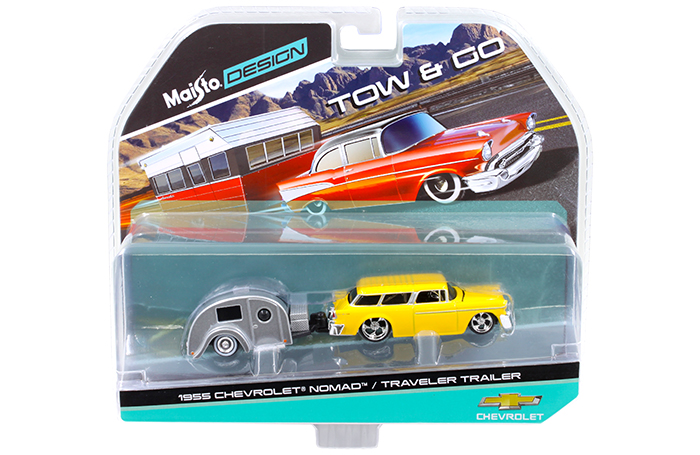 1955 Chevrolet Nomad with Traveler Trailer Yellow Tow & Go 1/64 Diecast Model by Maisto