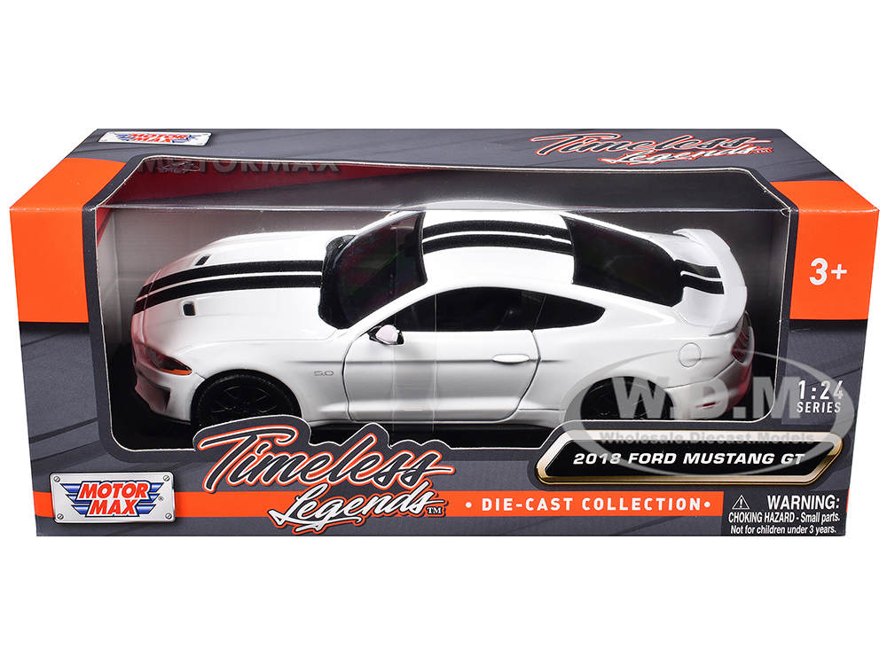 2018 Ford Mustang GT 5.0 White with Black Stripes Timeless Legends Series 1/24 Diecast Model Car by Motormax