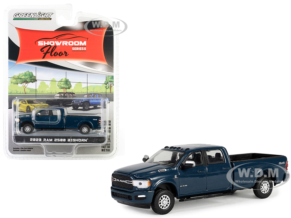 2023 Ram 2500 Bighorn Crew Cab 4x4 Pickup Truck Patriot Blue Metallic Showroom Floor Series 5 1/64 Diecast Model Car by Greenlight