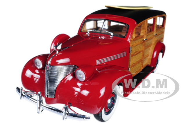 1939 Chevrolet Woody Surf Wagon Permanent Red With Surf Board & Real Wood 1/18 Diecast Model Car By Sunstar