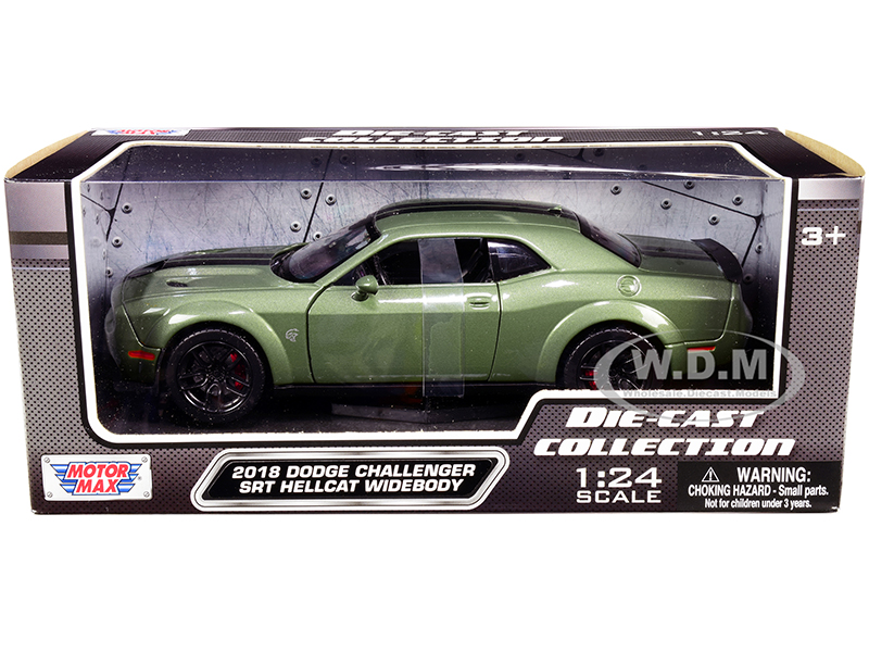 2018 Dodge Challenger SRT Hellcat Widebody Green Metallic with Black Stripes 1/24 Diecast Model Car by Motormax