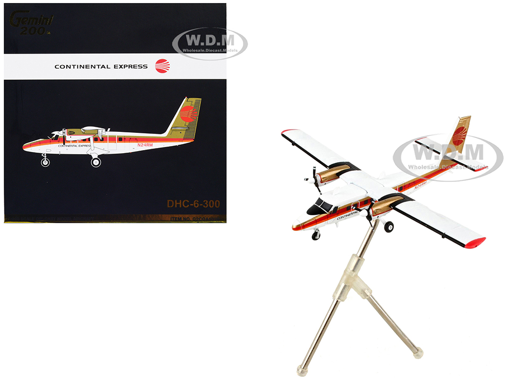 De Havilland DHC-6-300 Commercial Aircraft Continental Express White with Red Stripes and Gold Tail Gemini 200 Series 1/200 Diecast Model Airplane by GeminiJets